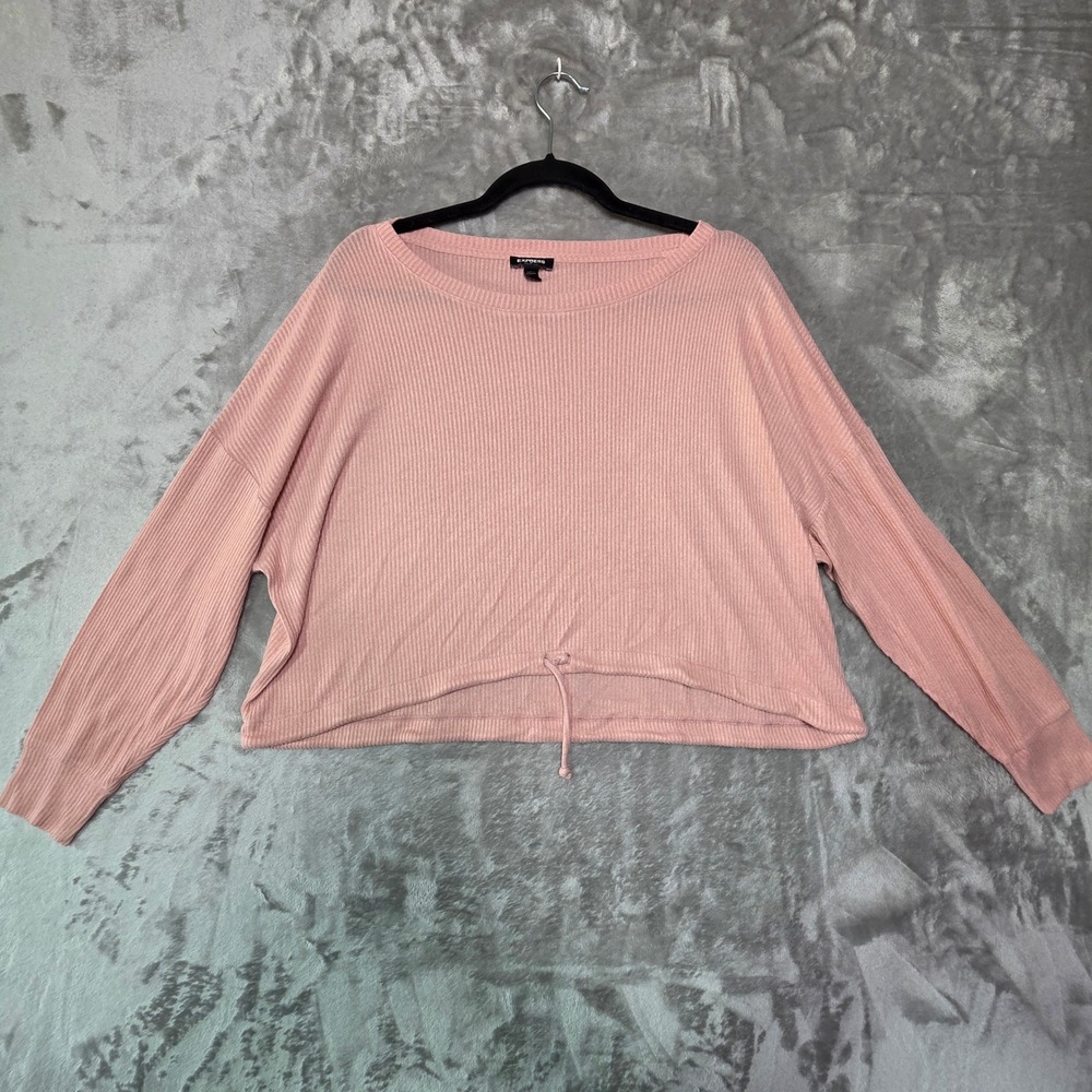 Express Womens Pink Ribbed Knit Long Sleeve Drawstring Hem Top Small